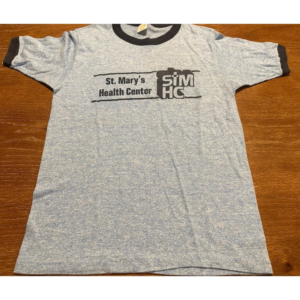 Vintage‎ 80's Hospital St. Mary's Ringer T-Shirt Blue Single Stitch Size M